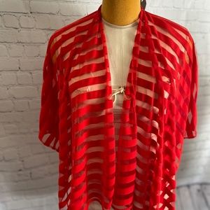 WOMENS  PLUS SIZE ONE SIZE WRAP TYPE SHAWL VERY RED WITH SHEER STRIPES